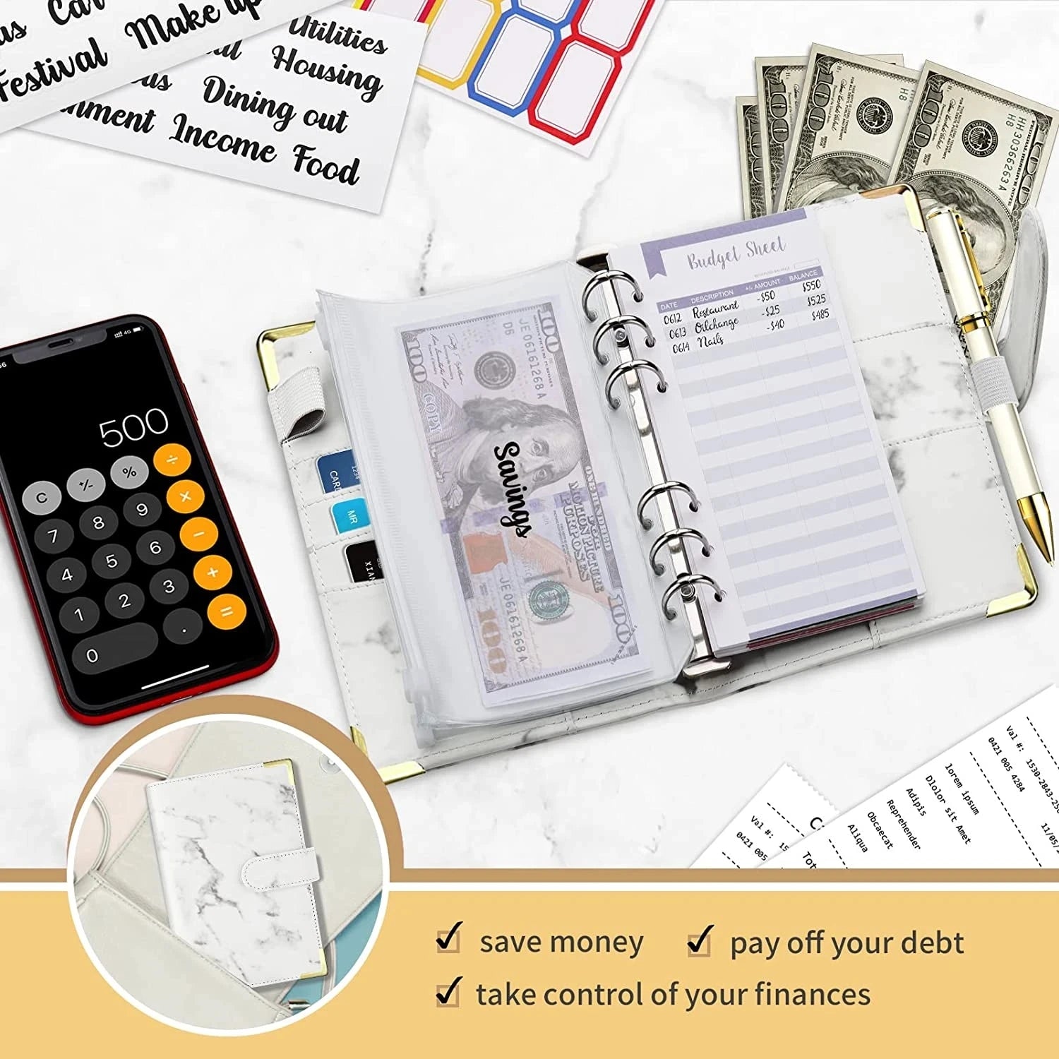A6 Marble Budget Binder – PU Leather Money Organizer with Envelopes & Card Slots
