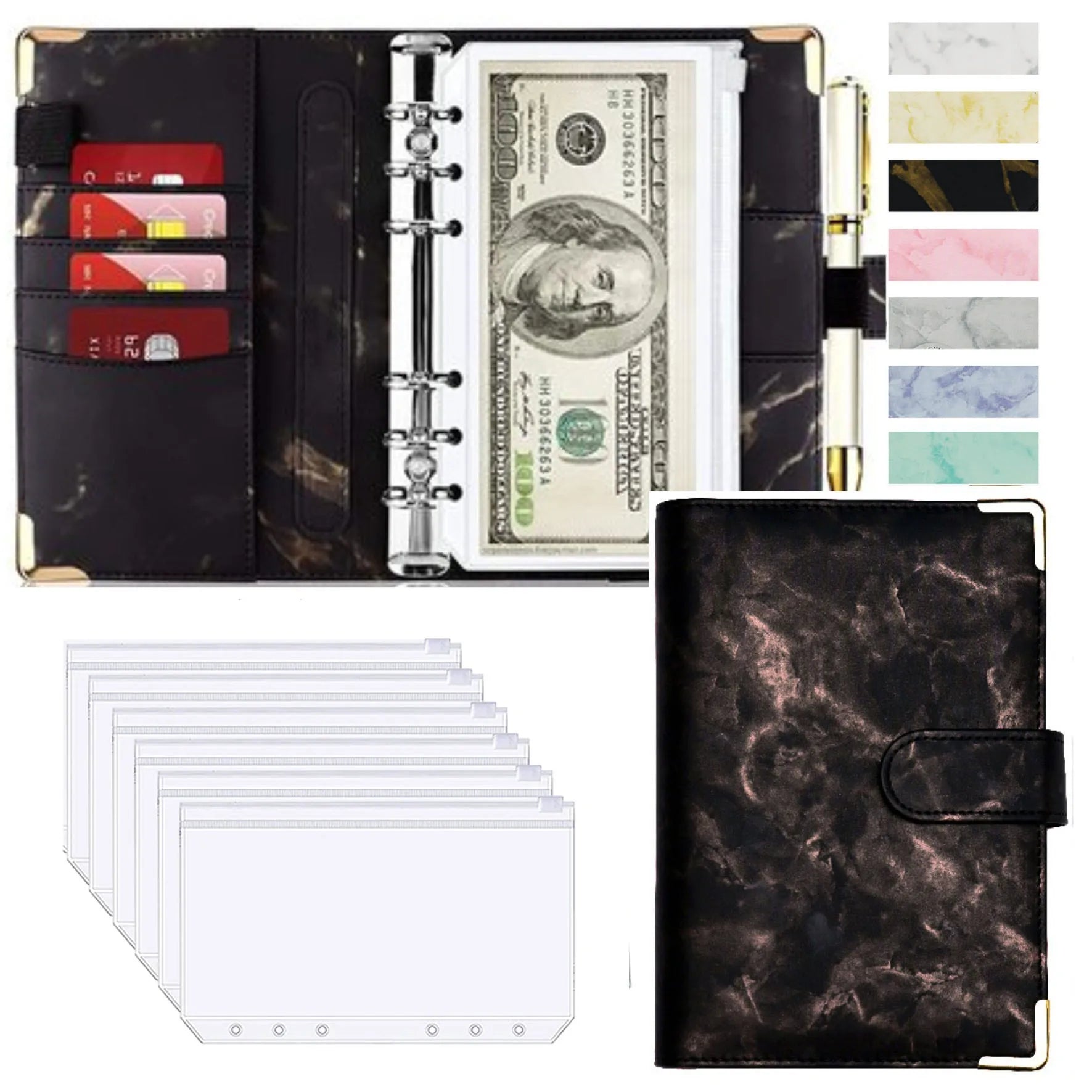 A6 Marble Budget Binder – PU Leather Money Organizer with Envelopes & Card Slots