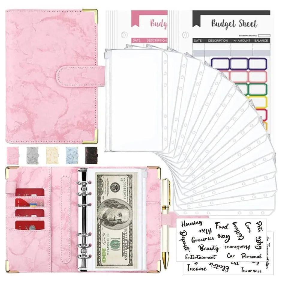 A6 Marble Budget Binder – PU Leather Money Organizer with Envelopes & Card Slots