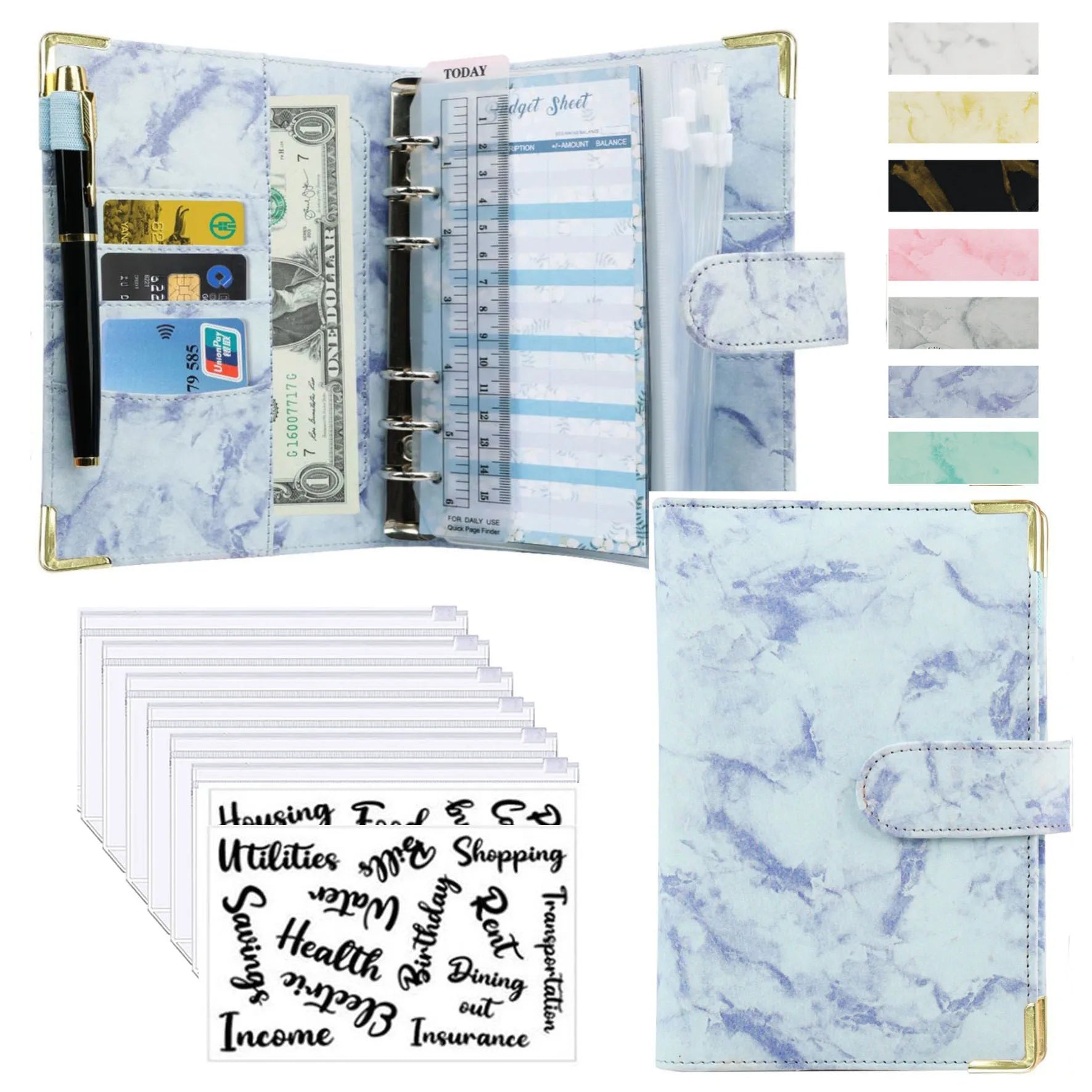 A6 Marble Budget Binder – PU Leather Money Organizer with Envelopes & Card Slots
