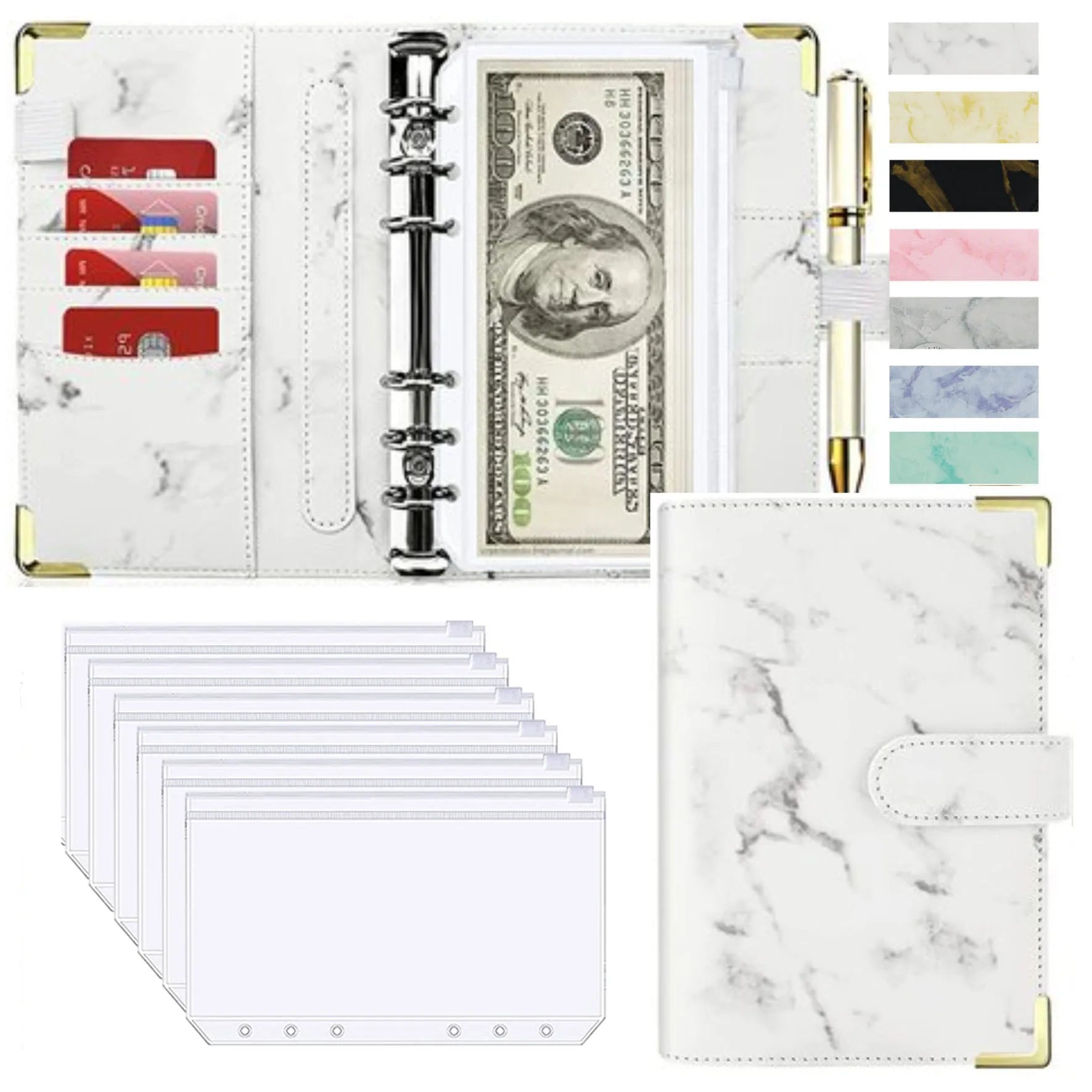 A6 Marble Budget Binder – PU Leather Money Organizer with Envelopes & Card Slots