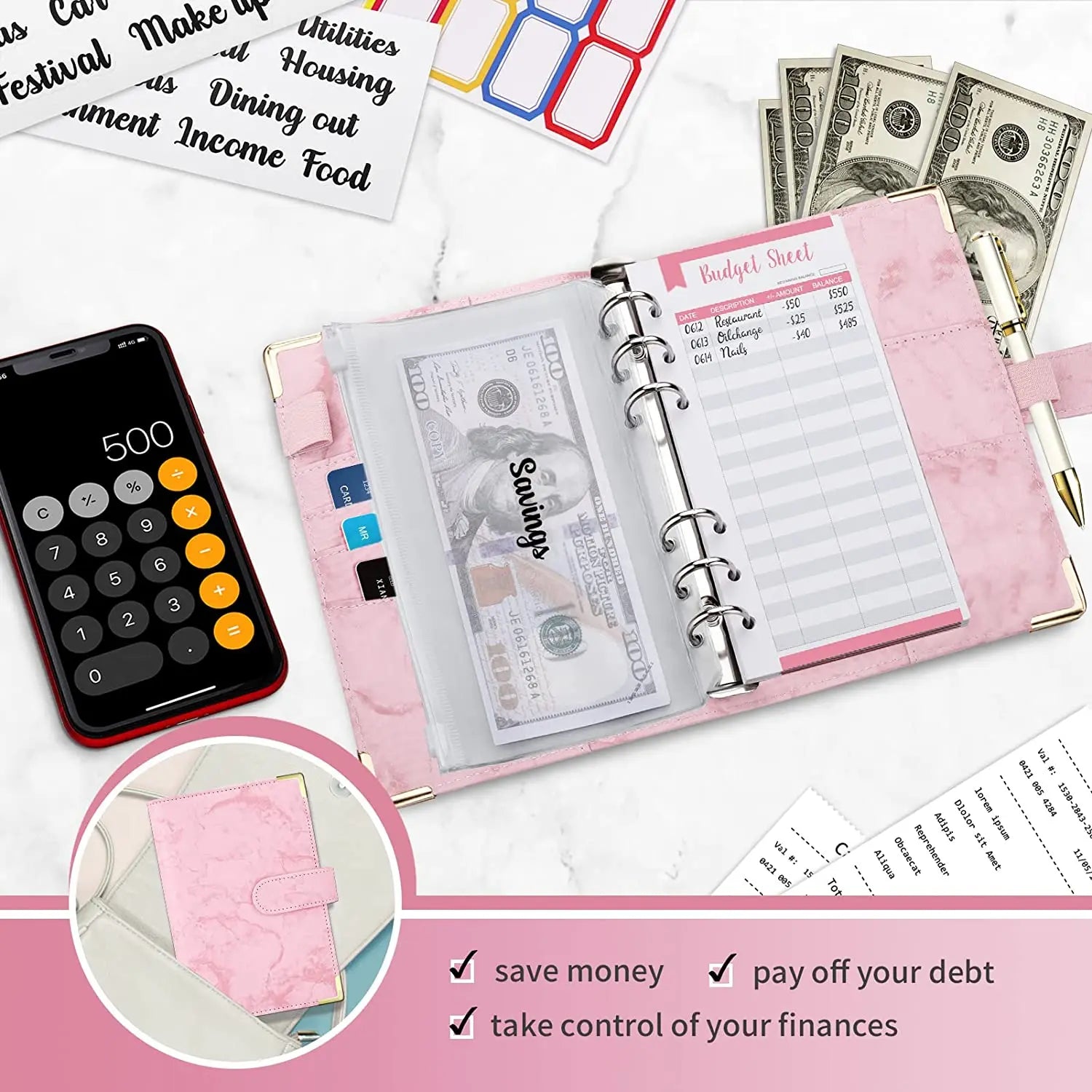 A6 Marble Budget Binder – PU Leather Money Organizer with Envelopes & Card Slots