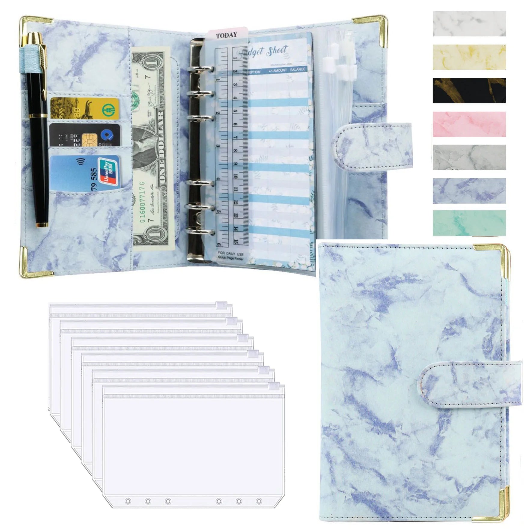 A6 Marble Budget Binder – PU Leather Money Organizer with Envelopes & Card Slots