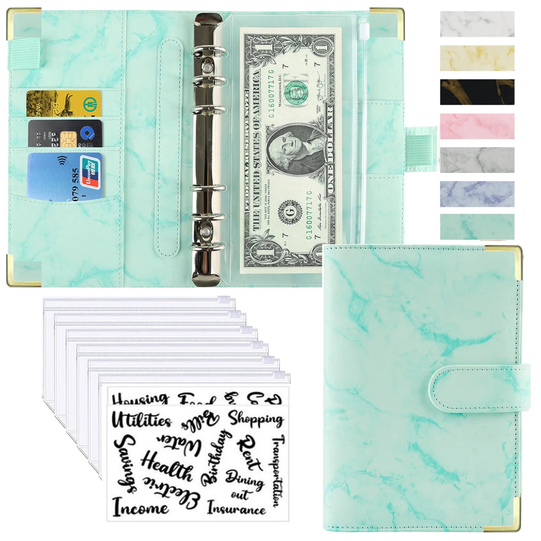 A6 Marble Budget Binder – PU Leather Money Organizer with Envelopes & Card Slots