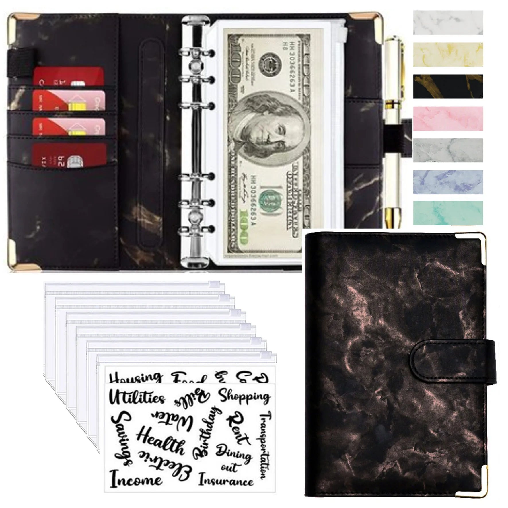 A6 Marble Budget Binder – PU Leather Money Organizer with Envelopes & Card Slots