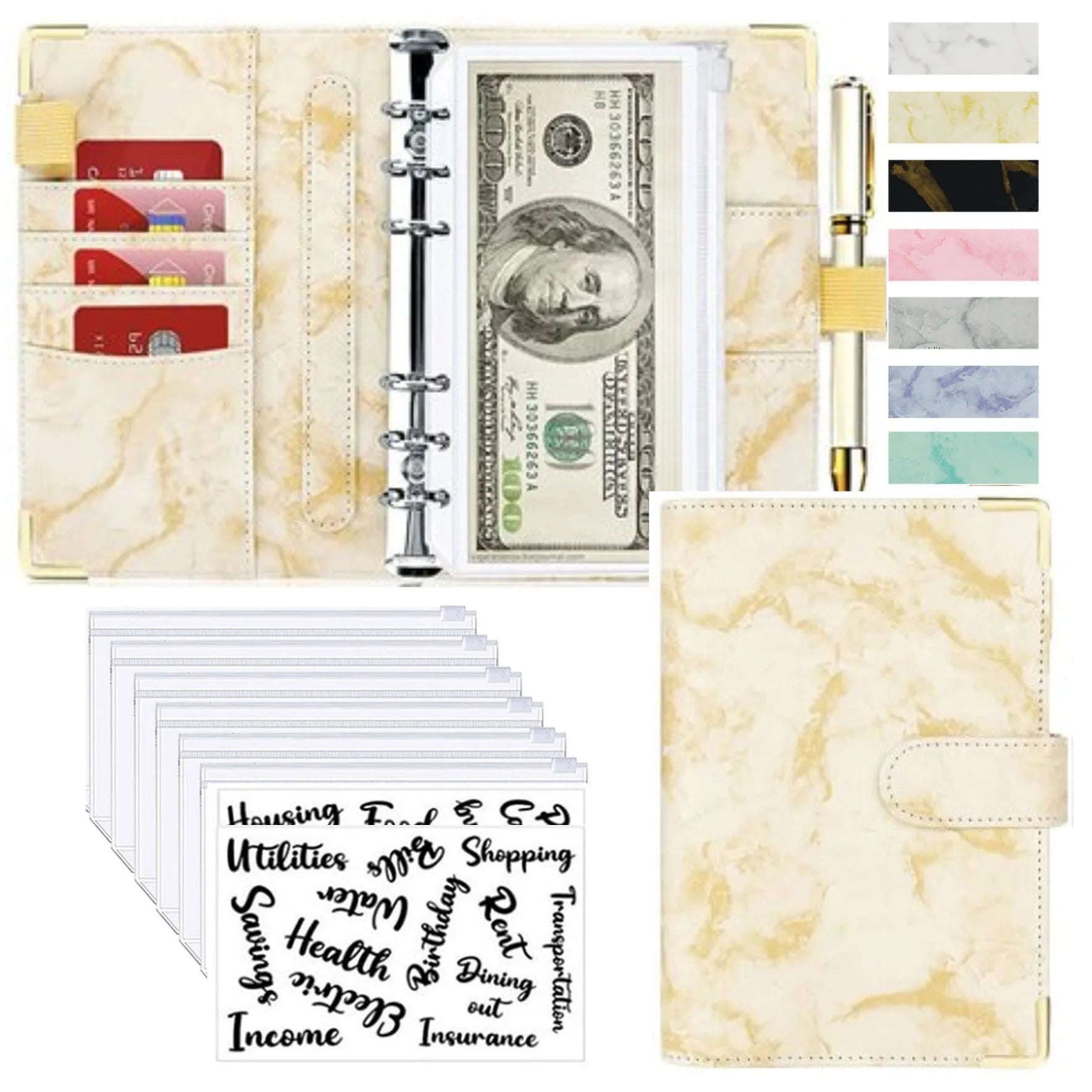 A6 Marble Budget Binder – PU Leather Money Organizer with Envelopes & Card Slots