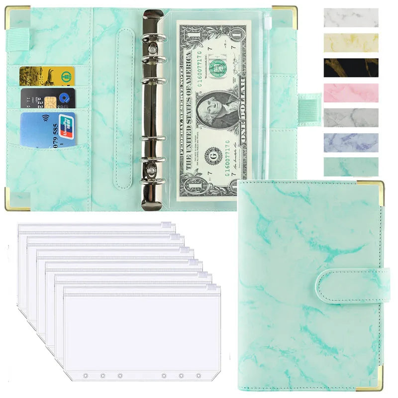 A6 Marble Budget Binder – PU Leather Money Organizer with Envelopes & Card Slots