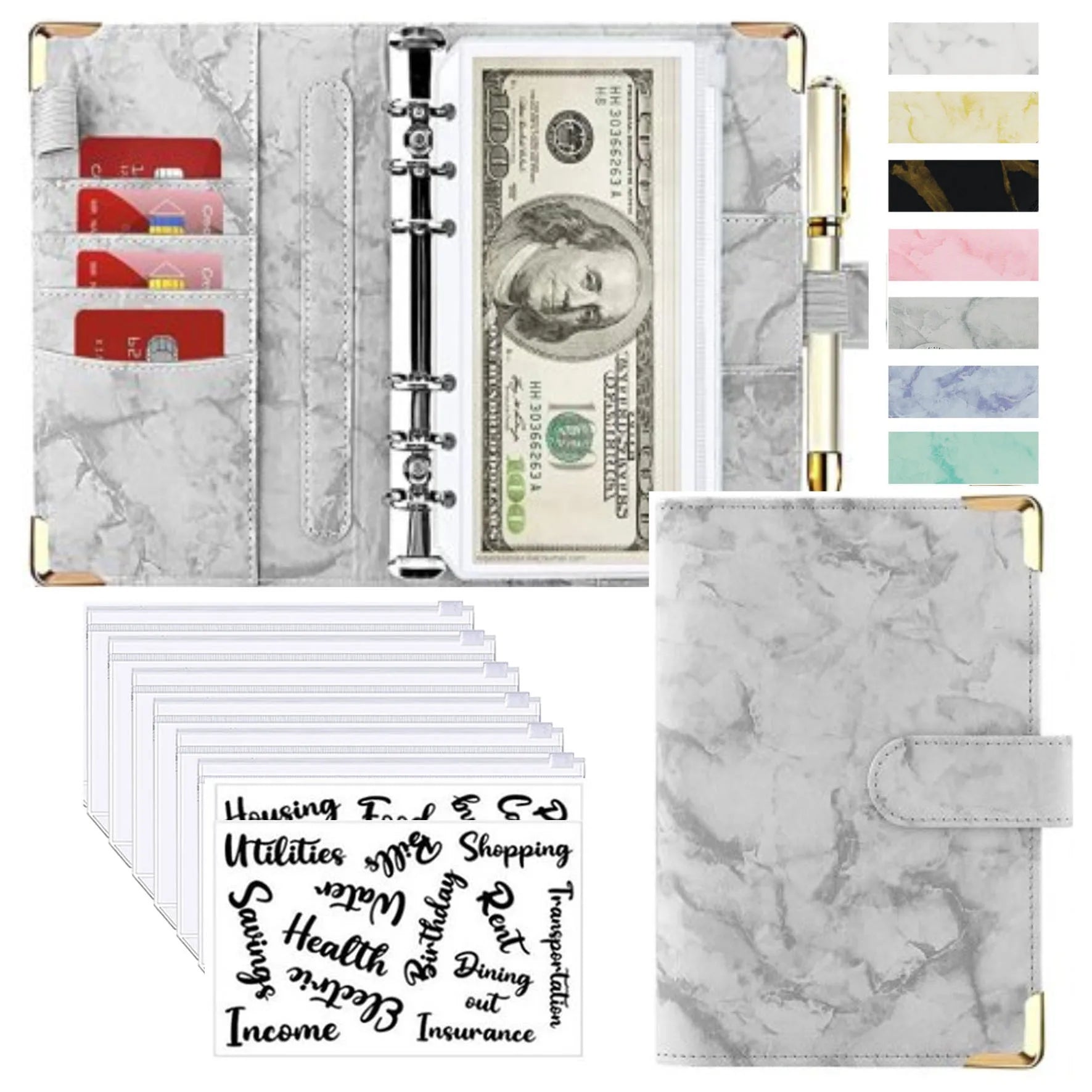 A6 Marble Budget Binder – PU Leather Money Organizer with Envelopes & Card Slots
