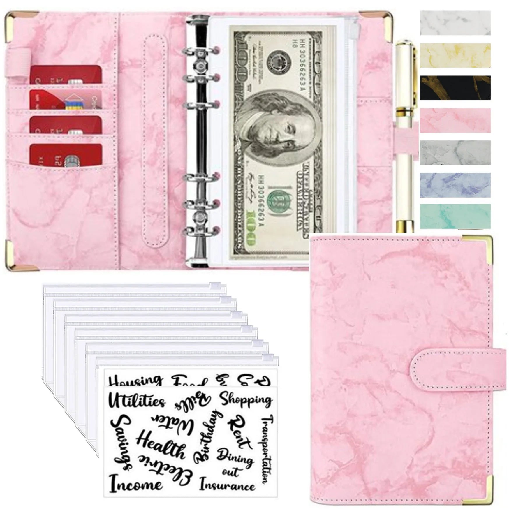 A6 Marble Budget Binder – PU Leather Money Organizer with Envelopes & Card Slots