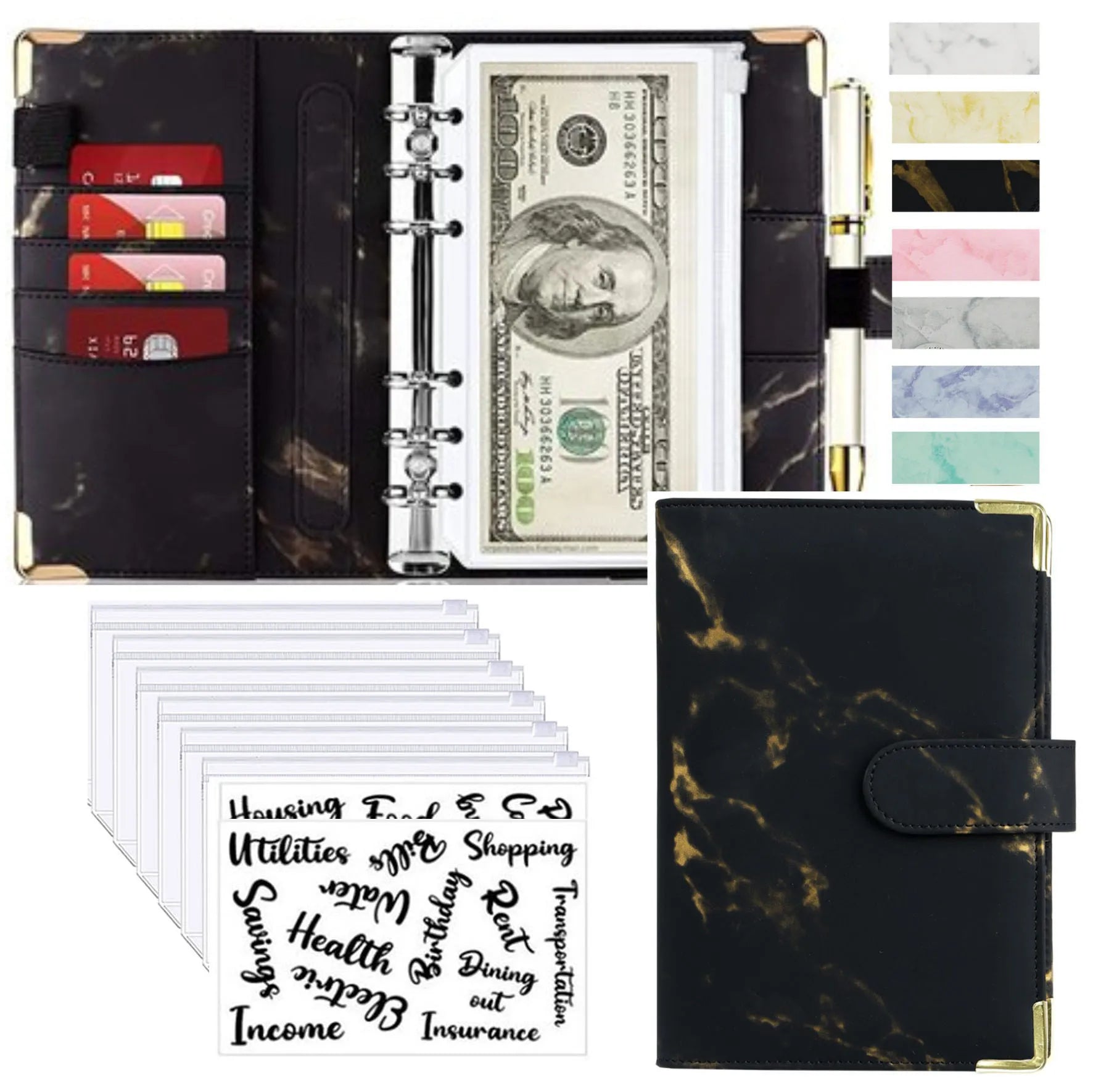 A6 Marble Budget Binder – PU Leather Money Organizer with Envelopes & Card Slots