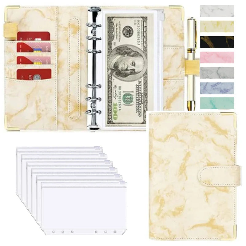 A6 Marble Budget Binder – PU Leather Money Organizer with Envelopes & Card Slots