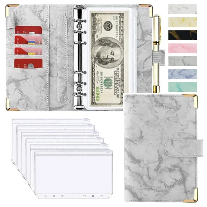 A6 Marble Budget Binder – PU Leather Money Organizer with Envelopes & Card Slots