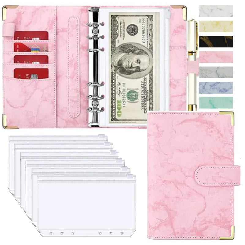 A6 Marble Budget Binder – PU Leather Money Organizer with Envelopes & Card Slots