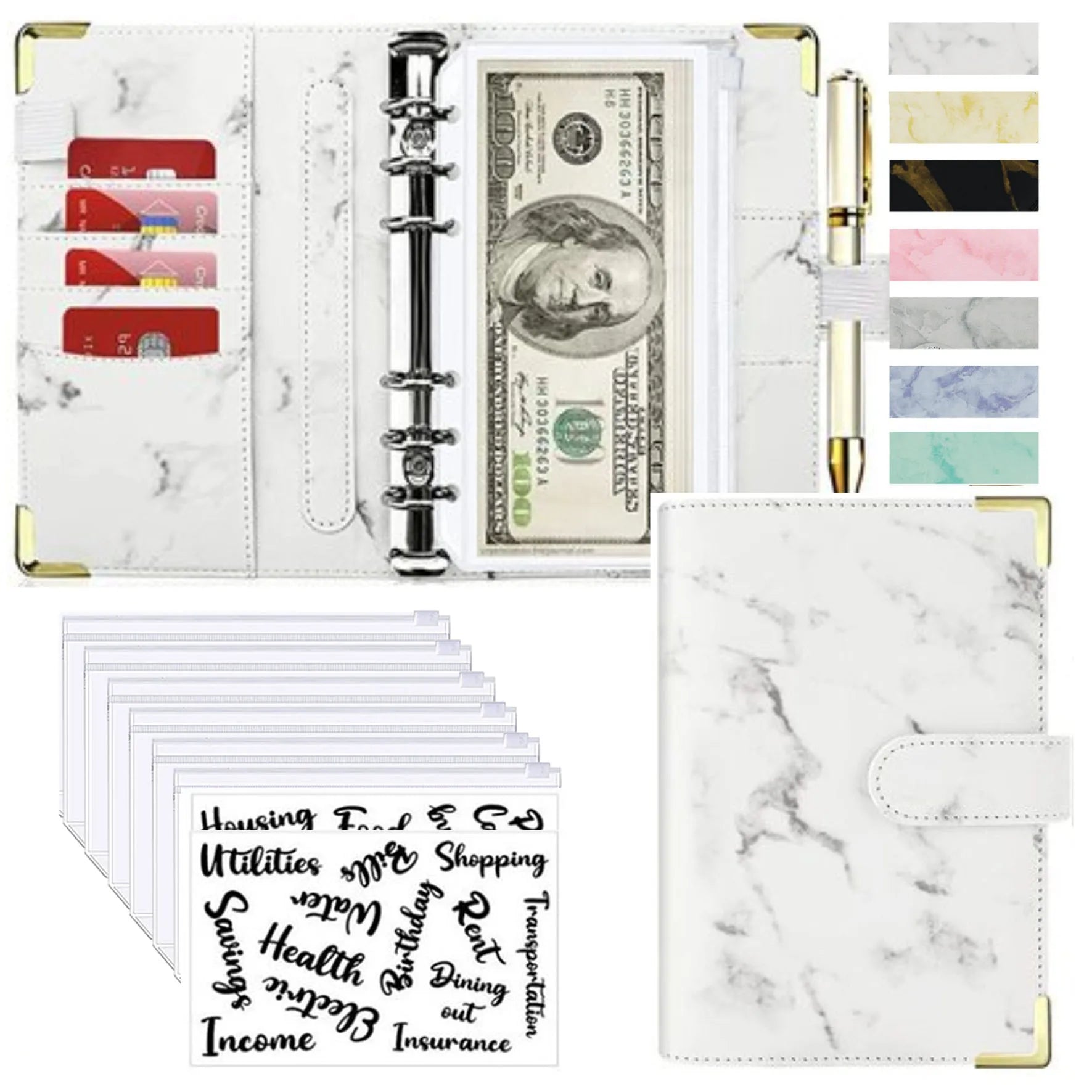 A6 Marble Budget Binder – PU Leather Money Organizer with Envelopes & Card Slots