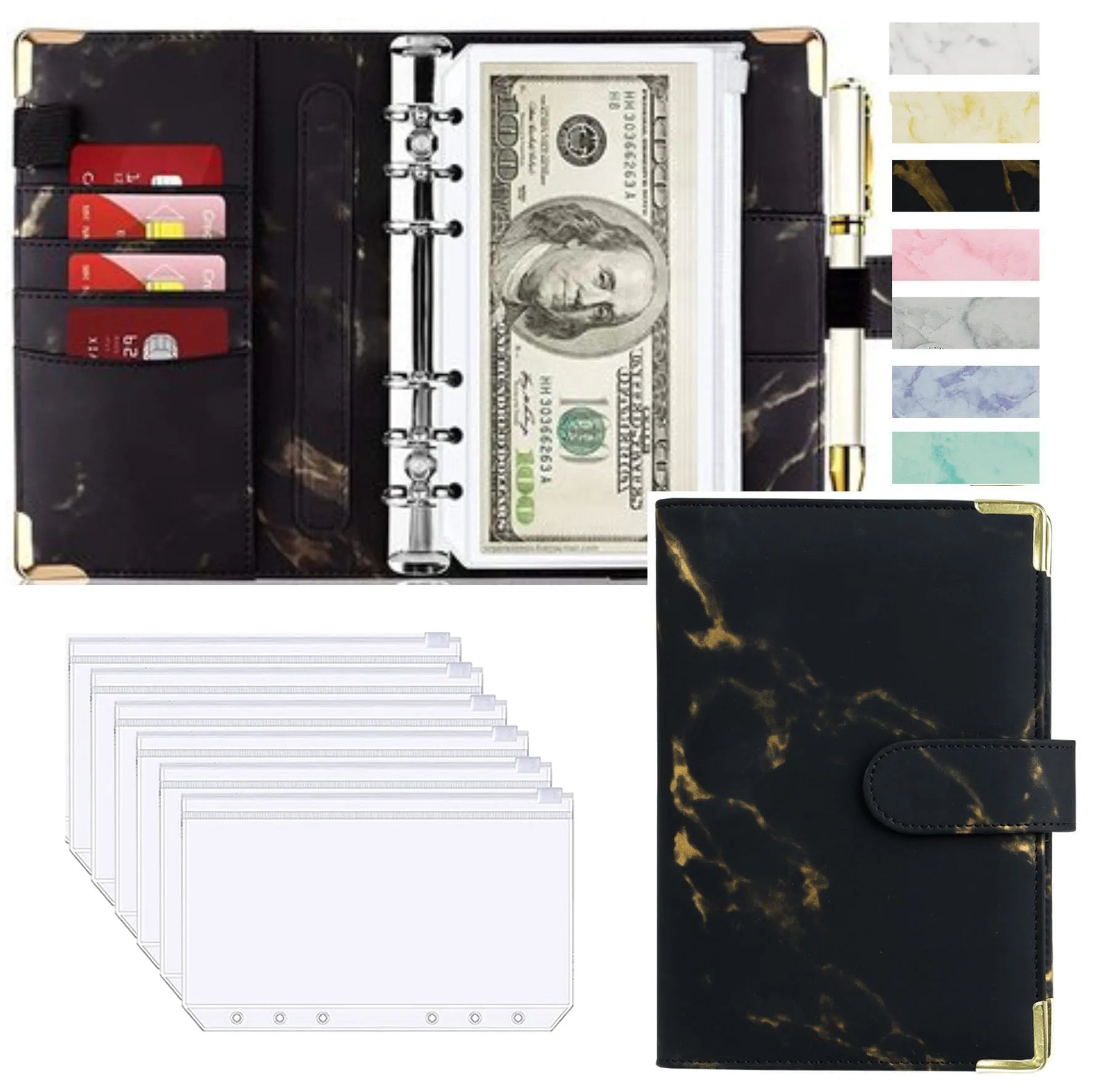 A6 Marble Budget Binder – PU Leather Money Organizer with Envelopes & Card Slots